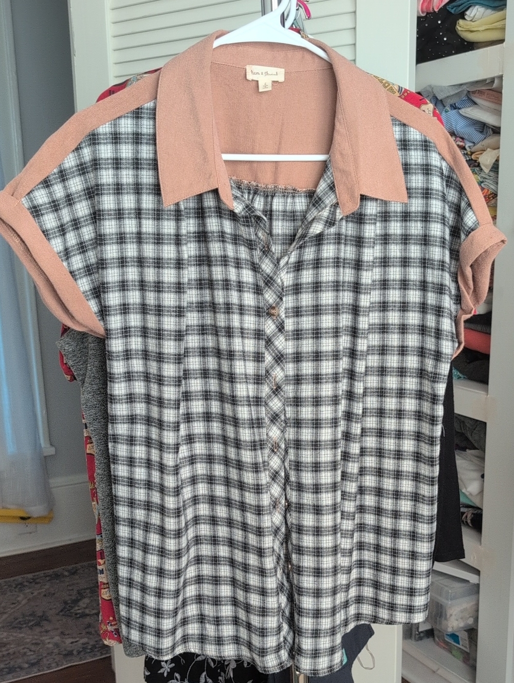 Hem & Thread Black and White Plaid Button-Down Shirt with Blush Trim
